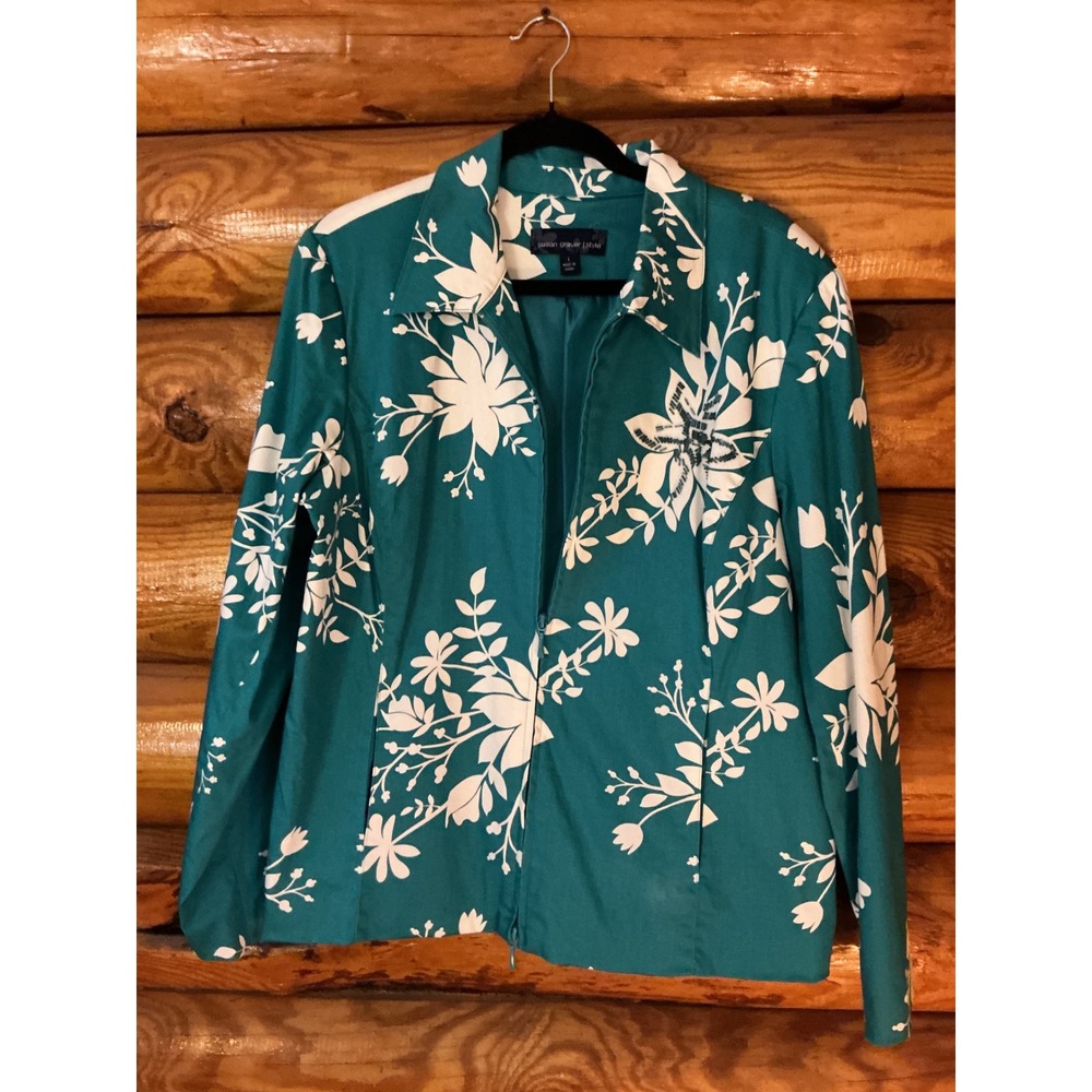 Susan Graver Style Teal White Floral Zip Front Jacket Beaded Accent Womens Large
